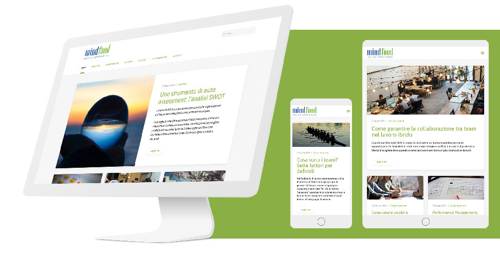 homepage del sito responsive MindFood visualizzato con diversi device