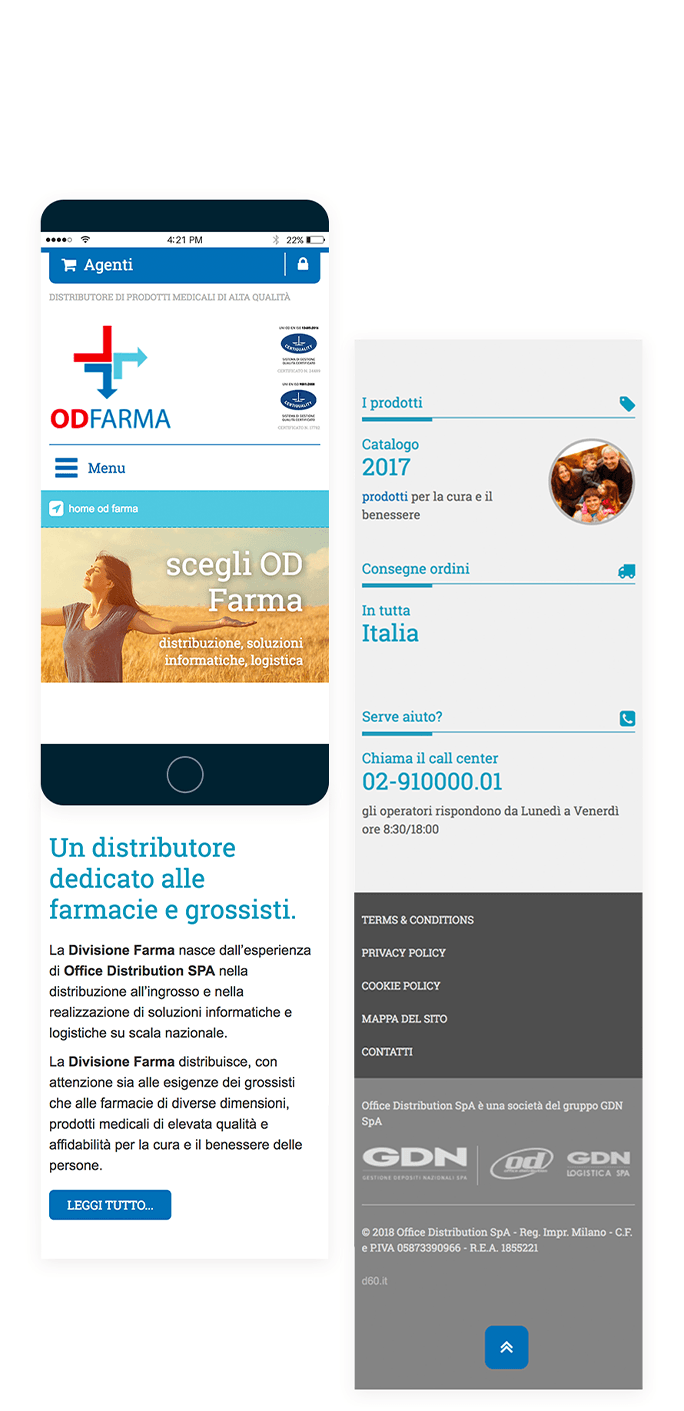 la homepage del sito OD Farma visualizzata con lo smartphone