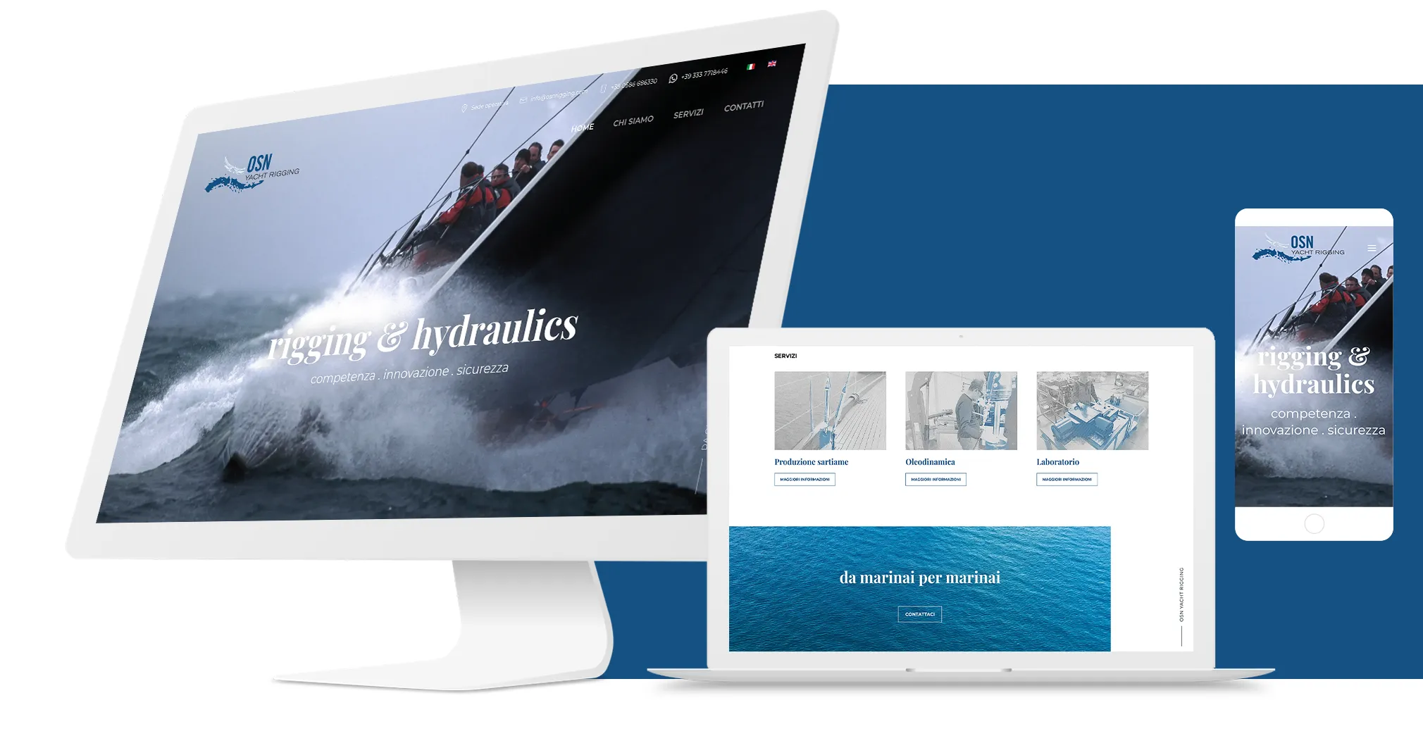 homepage del sito responsive di OSN Yacht Rigging visualizzata con diversi device