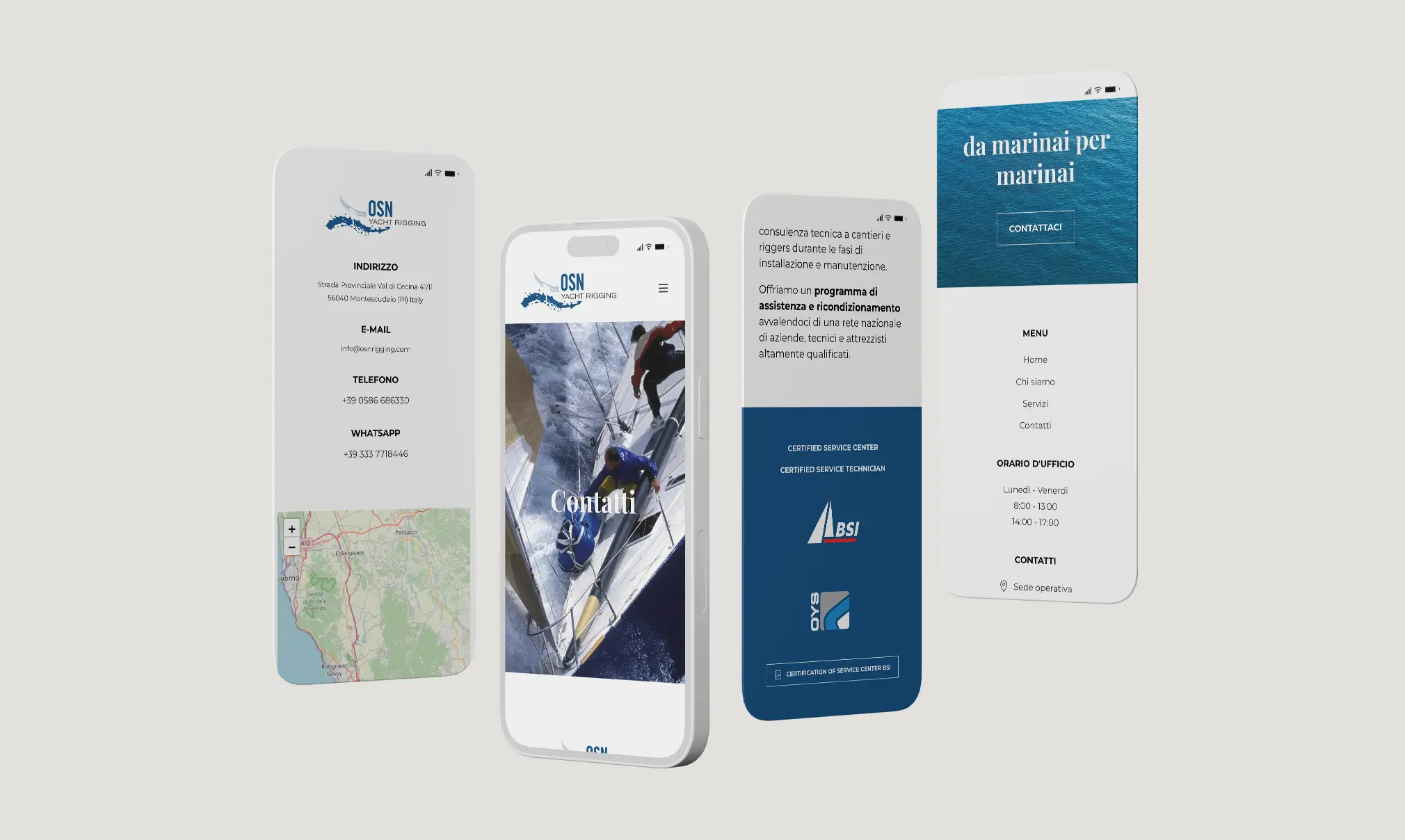 alcune pagine del sito di OSN Yacht Rigging visualizzate con lo smartphone